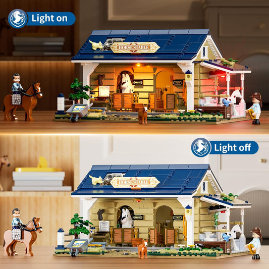 FUNWHOLE Farm Horse-Stable Lighting-Building-Bricks Set - Farm Life Horse Animals Cabin Collection LED Light Cottage Model Display Set 973 Pcs for Adults and Teen