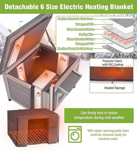 GUTINNEEN Heated Outdoor Cat House with Heating Blanket, Bite-Resistant Wire, Weatherproof Insulated Feral Cat Shelter for Winter
