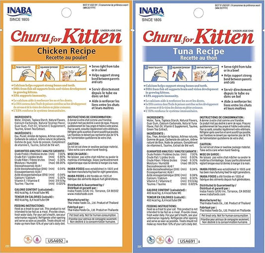 INABA Churu for Kittens, Grain-Free Creamy, Purée Lickable Cat Treats with DHA, EPA, Vitamin E & Taurine, 0.5 Ounces Each, 24 Tubes (4 per Pack), 2 Flavor Variety Pack