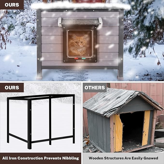 Outdoor Insulated Cat House Weatherproof for Winter, Feral Cat Shelter with Insulated Liner, All Round Metal Frame Wooden Condos, Indoor and Outdoor Use for Cat, Rabbit and Small Animal