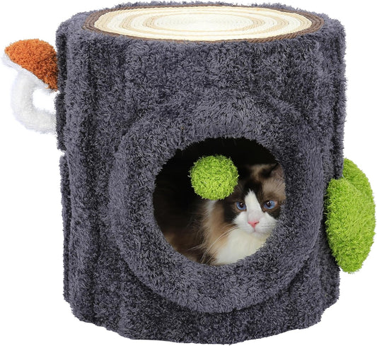 NUNU Cat Tree Tower with Scratch Table & Soft Cushion, Cat Condo Tree Cave for Small Kittens, Cat House with Hanging Ball Toy for Indoor (Grey)