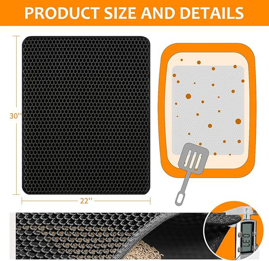 22"x30" Cat Litter Mat, EVA & Fabric Double Layer Design Waterproof Bottom Cat Litter Mat, Anti-slip Litter Box Mat, Easy To Catch Pet Litter, Easier To Clean, Washable, Soft on Paws, Black