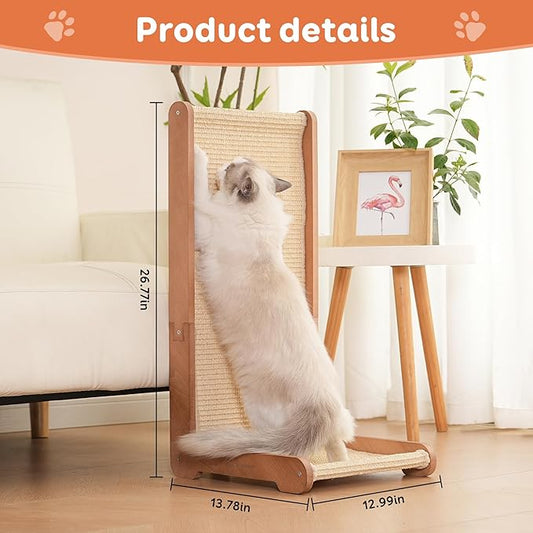 Cat Scratching Post - Beechwood Base, 26.8" Natural Sisal Woven Cat Scratch Pad, Cat Scratching Board,Durable Cat Scratcher for Indoor Cat, Furniture Protector for Cats' Clawing and Play