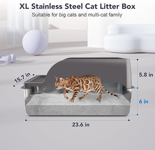 UPSKY Stainless Steel Cat Litter Box with Lid, XL Large Metal Litter Box for Large Breeds, Enclosed Kitty Litter Pan with High Sides, Leak-Proof & Non-Stick, Easy to Clean, Scoop and Mat Included