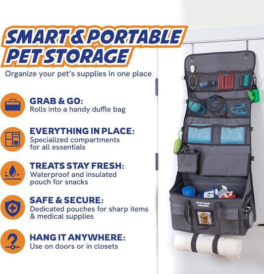 Panther Armor Dog Travel Bag- Hanging Dog Organizer & Pet Storage Tote Bag for Supplies,mWaterproof Door Storage & Closet Organizer, Food & Treat Container for Travel Accessories