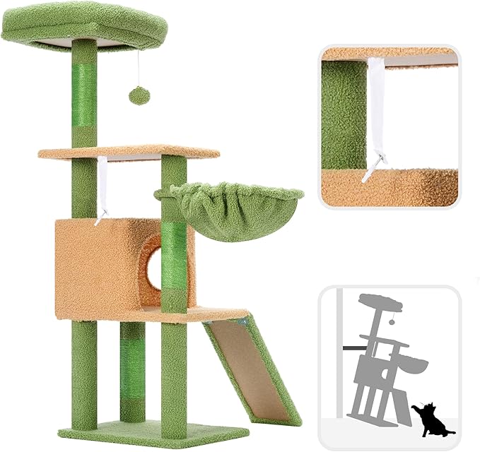 Hey-brother Cat Tree, 42.5-Inches Cat Tower for Indoor Cats, Plush Multi-Level Kitten Cat Condo with Scratching Post,Ramp, Basket, Spacious Cat Cave, Hanging Ball, Green and Yellow MPJ007SGY