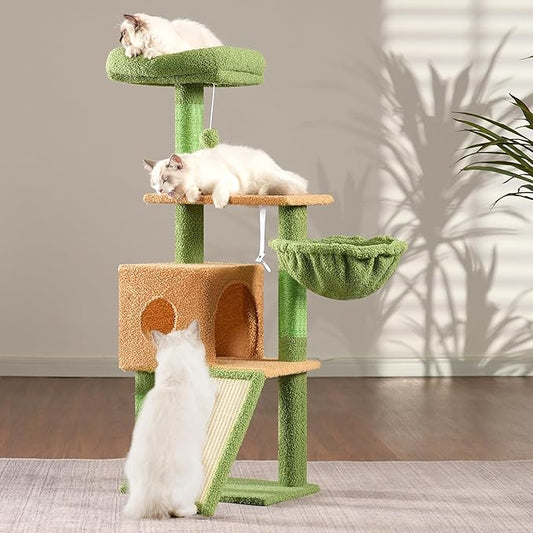 Hey-brother Cat Tree, 42.5-Inches Cat Tower for Indoor Cats, Plush Multi-Level Kitten Cat Condo with Scratching Post,Ramp, Basket, Spacious Cat Cave, Hanging Ball, Green and Yellow MPJ007SGY