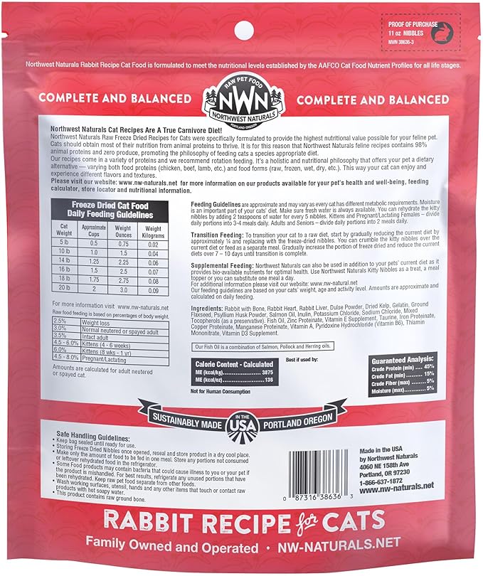 Northwest Naturals Freeze-Dried Rabbit Cat & Kitten Food – Bite-Sized Nibbles – Healthy, Limited, Human-Grade Ingredients, All-Natural, High-Protein Raw Diet – Complete & Balanced, Grain-Free – 11 oz