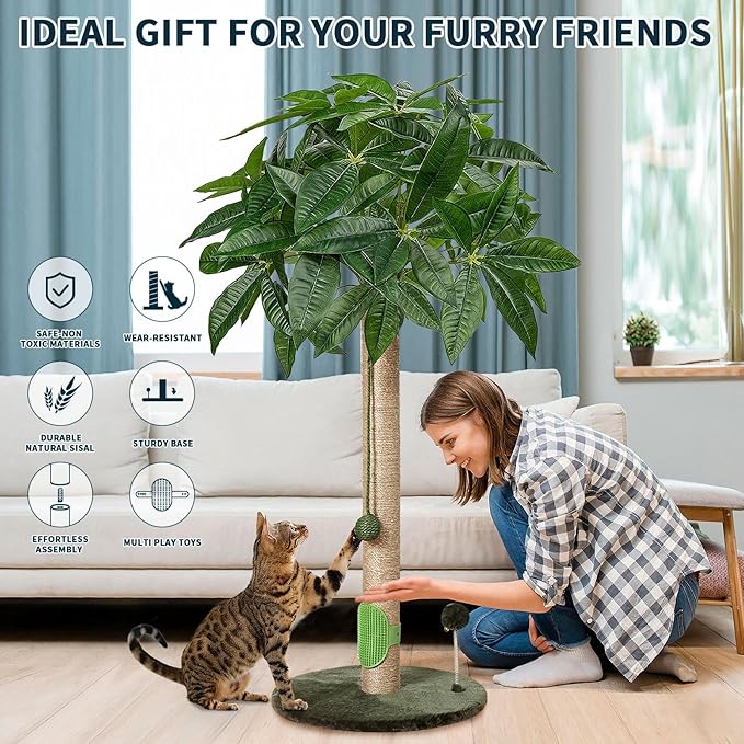 Cat Scratching Post 33" Tall Sisal Rope Cat Scratcher for Indoor Cats with Cat Toys Interactive Ball Self Groomer for Kittens Cats Adults