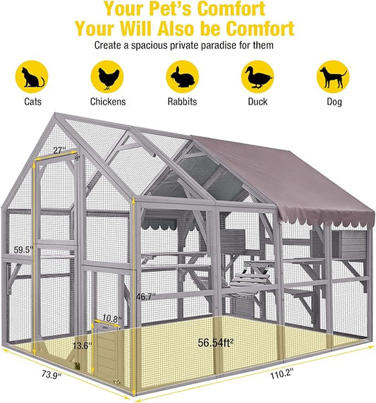 Aivituvin Catio for Multiple Cats, Large 56.54ft² Outdoor Enclosure, Weatherproof w/ 2 Bridges, 7 Trails, 2 Houses, Grey