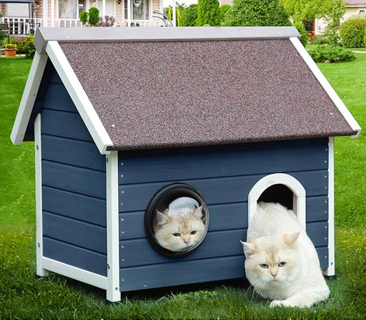 Rockever Outdoor Cat House, Feral Cat House Outdoor Weatherproof with Escape Door and Clear Windows for 2 Cats(Blue)
