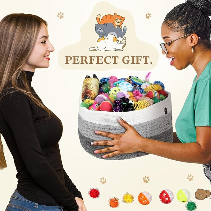 Zopeal 58 Pcs Cat Storage Basket Gift Toys Set, Colorful Flashing Balls Pet Bell Crinkle Balls Spring Toys Attract Cat to Swat, Bite, Hunt, Interactive for Pet (Multicolor,12 Inch)