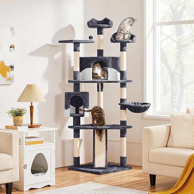 Yaheetech 79in Multi-Level Cat Trees Indoor Cat Tower with Sisal-Covered Scratching Posts, Plush Perches and Condo for Kittens, Cats and Pets - Dark Gray and White