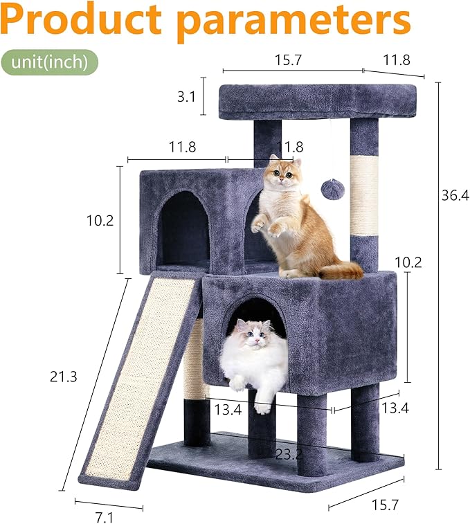 FDW Cat Tree for Indoor Cats 36 Inches Cat Tower Multi-Level Indoor Cat Play Condo House with Scratching Posts, Spacious Perch, Sisal Posts and Dangling Toys (Dark Grey)