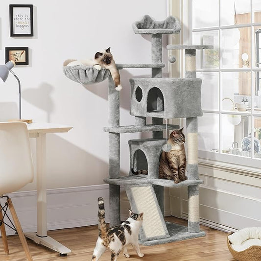 Topeakmart Cat Tree, 57 inches Multi-Level Cat Tree Tower with Scratching Posts, Cat Condo and Basket Kitten Activity Center, Light Gray