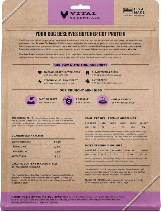 Vital Essentials Freeze-Dried Raw Turkey Meal or Mixer Dog Food Crunchy Mini Nibs, 25 oz