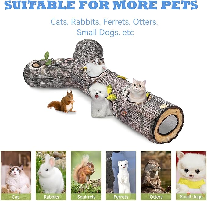 Tree Trunk cat Tunnel,Cat Tunnels for Indoor Cats, Cat Bed Tree Hole Toy with Three Channels and Leaves, Foldable & Easy to Store, Suitable for Cats and Other Small Animals to Chase and Play