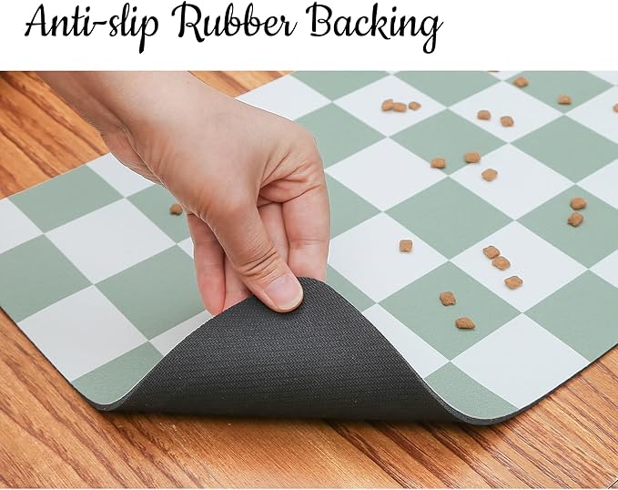 Ralxion Checkered Dog Feeding Mat, Absorbent Mats for Dog Food and Water Bowl, Dispenser, Retro Modern Aesthetic Sage Green Checkerboard Pet Placemat for Dogs, Cats, Puppy Accessories, 12" X19”
