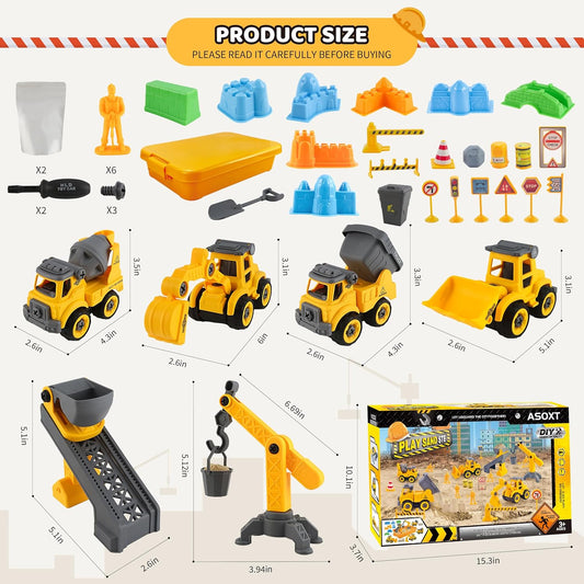 Asoxt 43-Piece Construction Sensory Playset – 2 lbs Play Sand, 4 DIY Trucks, Crane & Road Signs – Creative Sandbox Toy for Kids Ages 3+