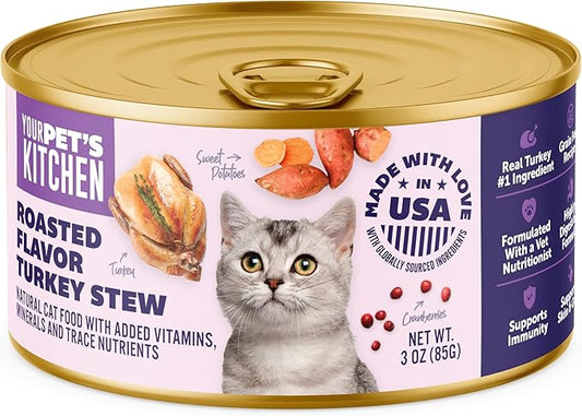 YOUR PET'S KITCHEN Canned Wet Cat Food, Roasted Flavor Turkey Stew - 3 oz Cans (Pack of 24), Made in The USA with Real Turkey