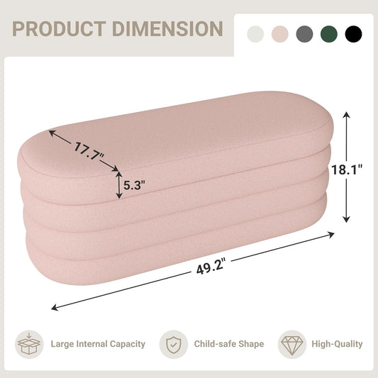 Storage Ottoman Bench 49.2 Inch Upholstered Fabric Storage Bench for Bedroom End of Bed Aesthetic Large Oval Ottoman for Living Room Entryway (Pink)