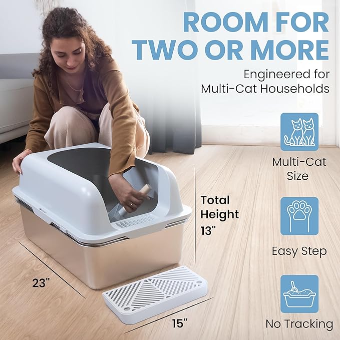 XL Stainless Steel Sifting Litter Box-23"x15"x13" – Cat Litter Box, Multi-Cat, Large Cats, High Side/Anti-Urine Leakage Shell (Easy Shell) Easy to Clean, Odor Control.