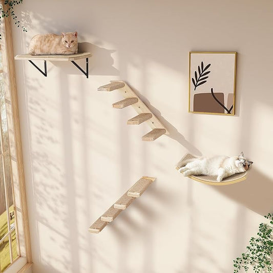 Cat Wall Shelves Set with Sisal Cats Stairs, 4 Piece Wooden Climbing Furniture with Scratchable Curved Bed, Flat Shelf & 2 Cat Wall 4-Steps Ladders