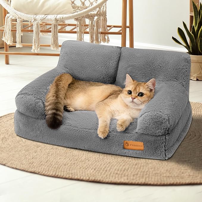 Cat Couch Bed - Cat Bed for Indoor Cats, Calming Pet Sofa Puppy Sleeping Bed with Removable Washable Cover, Cute Dog Couch and Kitty Lounge Chair for 12lbs Cats & Small Dogs(Light Grey)