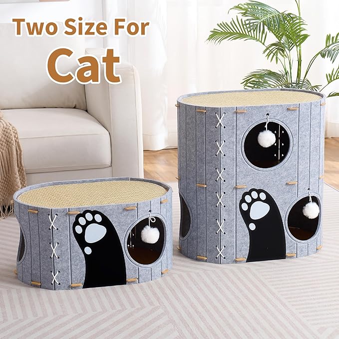 Cat House for Indoor Cats,2-Storey 23" x 15" x 23" Large Felt Covered Cat Cave for Multiple Cats,Clawsable Enclosed Cat Hideout Houses&Condos with Fluffy Ball, Cozy Scratch Resistant House