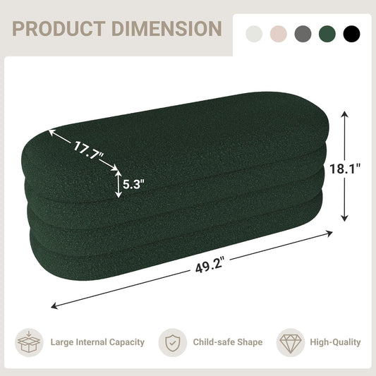 Storage Ottoman Bench 49.2 Inch Upholstered Fabric Storage Bench for Bedroom End of Bed Aesthetic Large Oval Ottoman for Living Room(Dark Green)