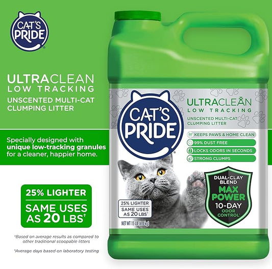 Cat's Pride Max Power: UltraClean Low Tracking Multi-Cat Clumping Litter - Keeps Paws & Home Clean - Up to 10 Days of Powerful Odor Control - 99% Dust Free - Unscented, 15 Pounds