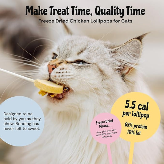 MalsiPree Cat Treats Freeze-Dried Chicken Lollipops - 18 Pack, 5.5 Cal Each - High-Protein Nutrient Rich Healthy Snacks - Interactive Cat Toy & Food Toppers
