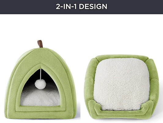 Bedsure Cat Beds for Indoor - 2 in 1 Cat Cave House Tent for Kittens and Small Pets with Removable Washable Cushioned Pillow, Foldable Kitten Hideaway with Non-Slip Bottom, Green, 16 inches