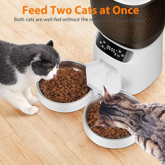 Automatic Cat Feeders for Two Cats, 5L/20 Cups Double Automatic Cat Food Dispenser with 2 Stainless Bowls, Timer Setting 20 Portions 6 Meals Per Day, 10s Meal Call, Pet Feeder for Dog (White)