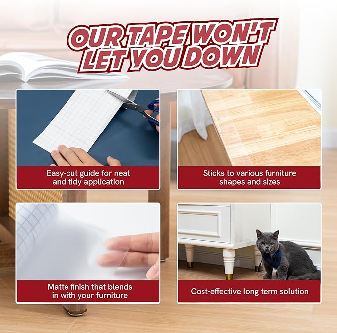 Panther Armor Frosted Matte Cat Scratch Tape for Furniture, Couch Protector, Single Side Sticky Tape for Pets to Stop Scratching, 4 in x 10ft, No Pins Required, Corner Protection