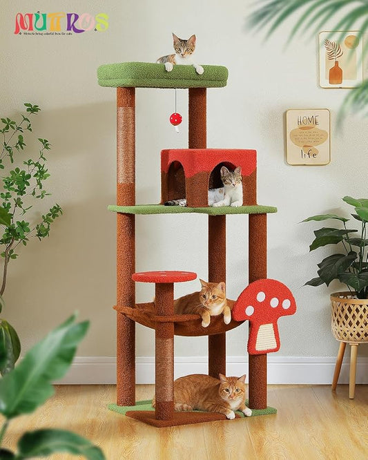 Mushroom Cat Tree Tower with Removable Scratcher, Large Hammock, Condo, Perch, 3 Sisal Posts – Multi-Level Cat Tree for Indoor Cats, Cute Cat Tower for Small Space Homes