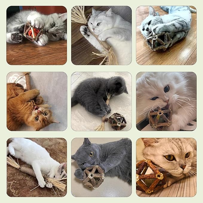 Cat Chew Toys, 4-Pack Silver Vine Cat Toys, Natural Silver Vine Sticks for Cats, Natural Silver Vine Stick Cage Cat Bell Balls for Cleaning Teeth, Increase Appetite, Suitable for Indoor Cats