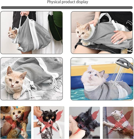 Adjustable Multifunctional Anti-Bite Shower net Bag,Cat Grooming Mesh Bag, Cat Bathing Bag,Cat Bath Brush and Cat Nail Clipper