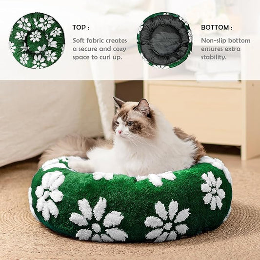 Donut Dog Beds for Small Dogs, Calming Round Cat Beds for Indoor Cats, Cute 3D Textured Flower Pet Bed with Removable Washable Cover and Anti-Slip Bottom(Green,20")