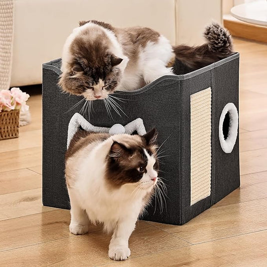 Cat Beds for Indoor Cats, Large Cat Cave with Fluffy Ball and Scratch Pad, Foldable Cat Scratch House with Hideaway Condo for Kitten,16x16x14.5inch,Grey