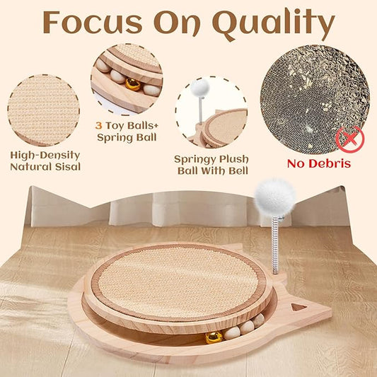 Natural Sisal Cat Scratcher, Round Cat Toys for Indoor Cats Interactive Toys with Ball Track Spring Ball, Kitten Toys for Chasing Hunting Mental Physical Exercise Puzzle