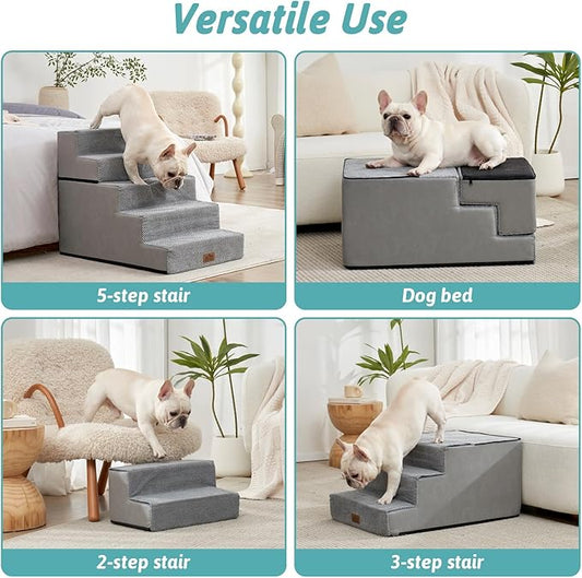 Dog Stairs for Small Dogs, 5 Tier Removable Wider Pet Stairs for Couch and Bed, 23.6" H Non-Slip Dog Steps for Puppies and Old Cats with Support Board, 29.5x19.7x23.6 inch, Grey