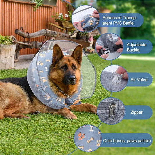 Inflatable Dog Cone Collar, Adjustable Size Soft PVC 2-in-1 Dog Donut Collar After Surgery with Detachable, Inflatable Collar for Small Medium Large Dogs and Cats (Grey, Medium)