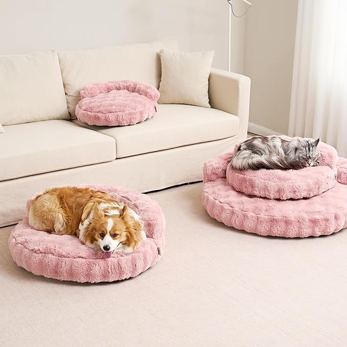 EHEYCIGA Medium Dog Bed and Large Cat Couch – Fluffy Faux Rabbit Fur Pet Sofa for Small and Medium Dogs, Washable Removable Cover, Waterproof and Non-Slip, 30 Inch, Pink