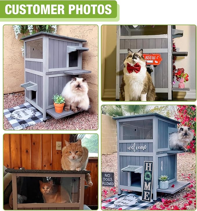 GUTINNEEN Insulated Outdoor Cat House Weatherproof with Insulation Liner for Winter, 2-Story Wooden Feral Shelter with Acrylic Window, Openable Asphalt Roof, Escape Doors