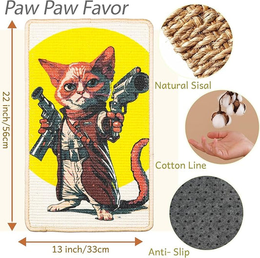 SOLDAY Sisal Cat Scratcher Mat 22x13 inch for Floor Wall Carpet Couch Furniture, Cat Scratching Posts Board with Velcro Tape, Anti Scratch Furniture Protector(Pistol Cat)