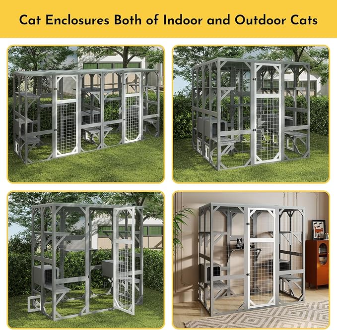 Outdoor Catio Cat Enclosures - Extra Large Wooden Outdoor Cat House Enclosure Weatherproof with Multi Platforms & Lounge Boxes, Indoor Interoperability - 71 Inch H