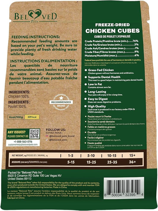 Beloved Pets Dog & Cat Treats Freeze Dried Chicken Cubes 5.3 oz - All Natural Meat Raw Pet Food - Human Grade High-Protein Snacks & Grain-Free Jerky Chews for Cats and Small Dogs