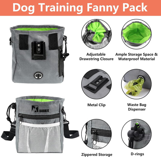 BARKIE Dog Training Kit - Treat Pouch, Pet Training Fanny Pack, 2 Puppy Training Clickers, Ultrasonic Silent Whistle, 2-in-1 Whistle Clicker, Clicker Training Guide Booklet, Dog Poop Bag (Grey)