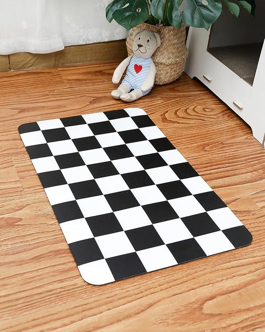 Ralxion Checkered Dog Feeding Mat, Absorbent Mats for Dog Food and Water Bowl, Dispenser, Modern Aesthetic Black White Checkerboard Pet Placemat for Dogs, Cats, Puppy Accessories, 12" X19”